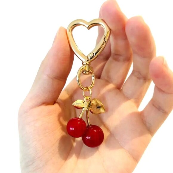 Cherry Bag Charm Keychain Purse Trendy Stylish Glam Bomb Y2K Fruit Gold Heart - Picture 2 of 3